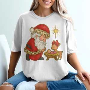 Praying Santa T-Shirt, Nativity Scene, Christmas Star, Baby Jesus, Reindeer, Holiday T-Shirt, Christian Gift, Christmas Clothing
