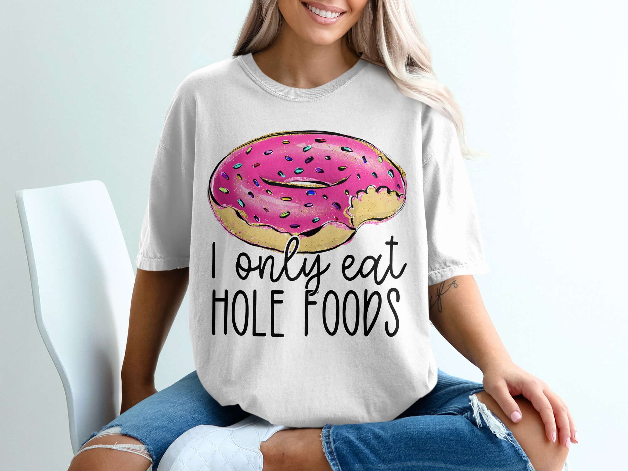 Donut T-Shirt, I Only Eat Hole Foods Tee, Funny Foodie Shirt, Dessert Lover Gift, Glazed Donut, Sprinkles, Pink Donut T-Shirt