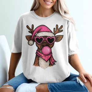 Cool Reindeer T-Shirt, Santa Hat, Heart Sunglasses, Bubblegum, Funny Christmas Tee, Holiday Outfit, Trendy Xmas Shirt