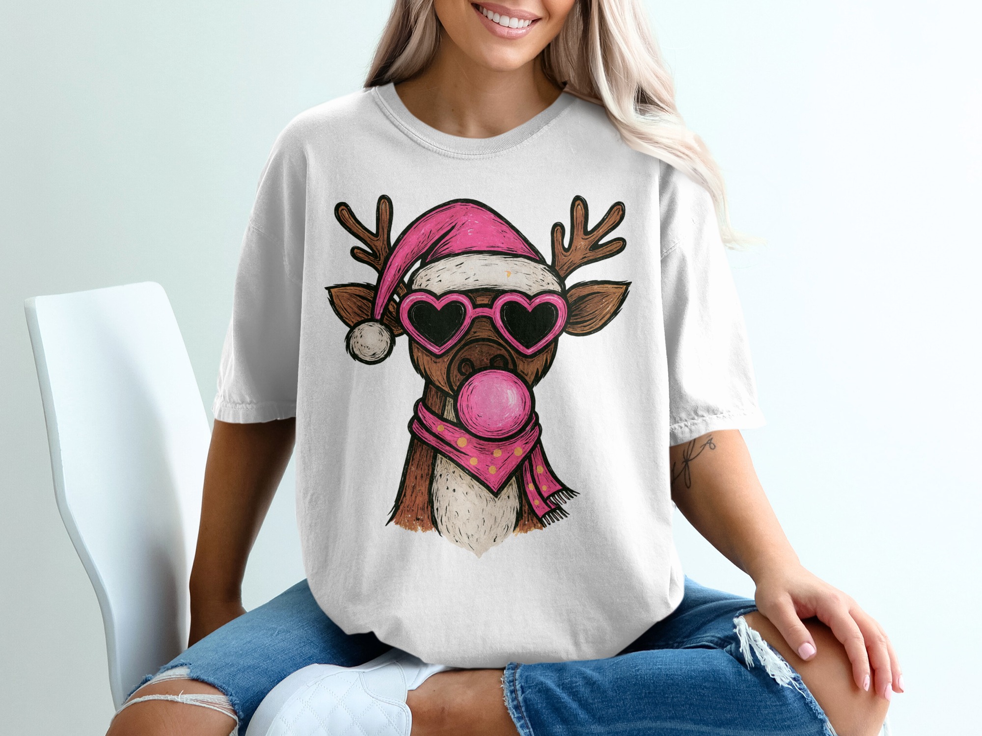 Cool Reindeer T-Shirt, Santa Hat, Heart Sunglasses, Bubblegum, Funny Christmas Tee, Holiday Outfit, Trendy Xmas Shirt