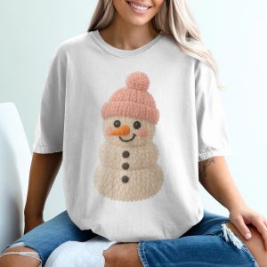 Cute Knitted Snowman T Shirt, Winter Holiday Tee, Festive Christmas Shirt, Pink Hat Snowman Apparel, Holiday Season T-Shirt