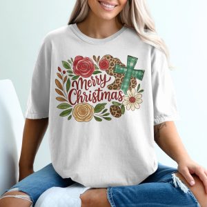 Merry Christmas T-Shirt, Floral Cross Tee, Leopard Print Boots Shirt, Holiday T-Shirt, Christian Christmas Gift, Cute Christmas Tee