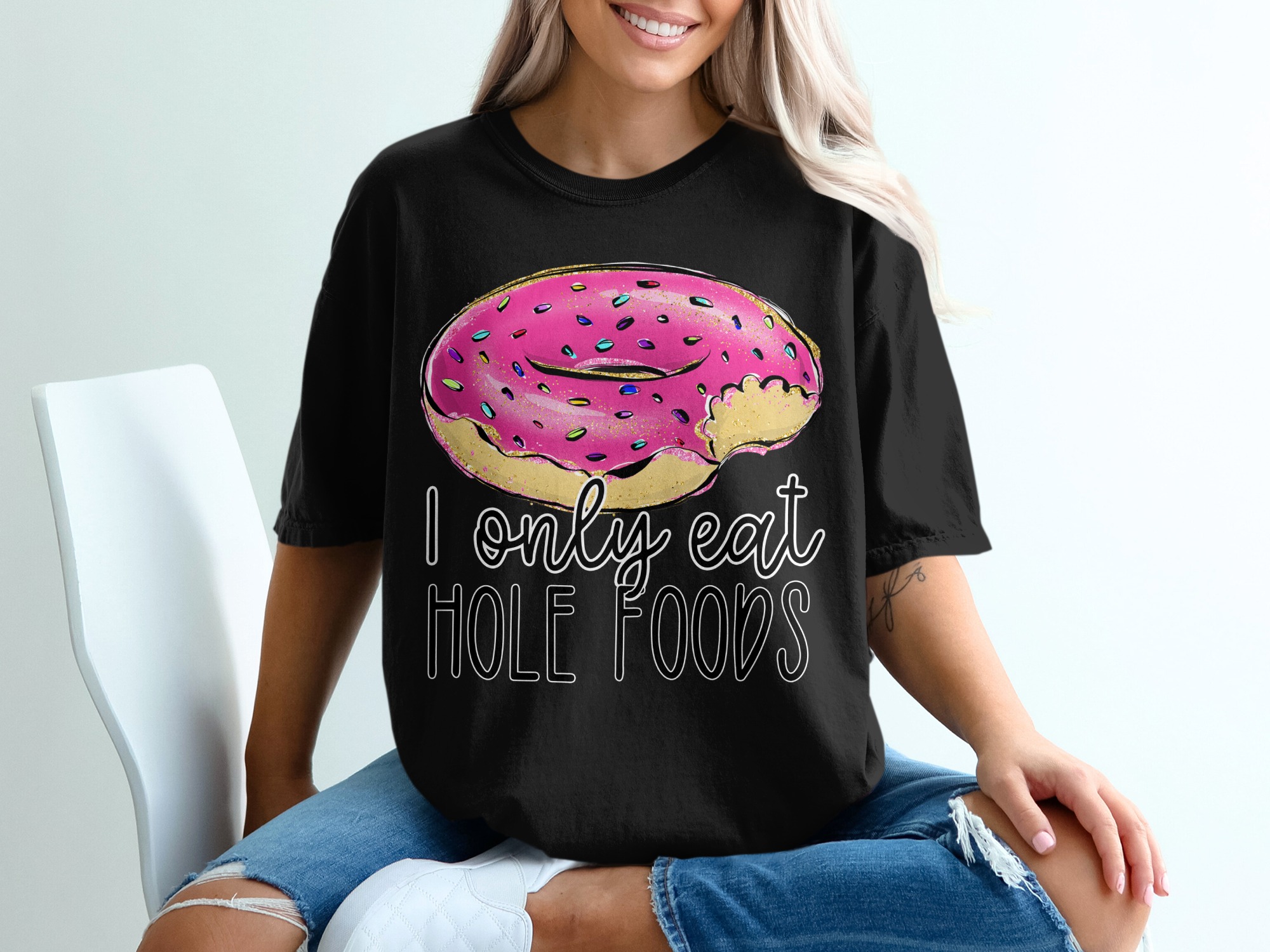 Donut T-Shirt, I Only Eat Hole Foods Tee, Funny Foodie Shirt, Dessert Lover Gift, Glazed Donut, Sprinkles, Pink Donut T-Shirt - Image 2