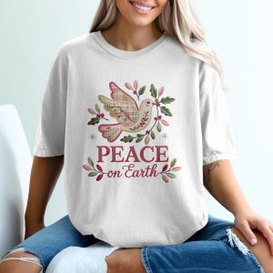 Peace on Earth T-Shirt, Holiday Dove, Christmas Shirt, Embroidered Design, Winter Clothing, Festive Tee, Gift Idea, Seasonal Apparel