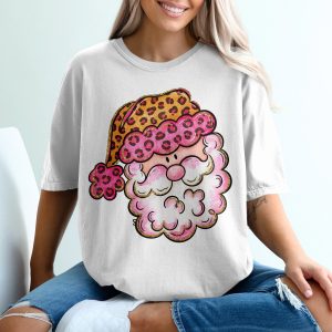Leopard Santa T-Shirt, Pink Christmas Shirt, Holiday Tee, Animal Print Xmas Gift, Trendy Santa Claus Apparel, Cute Santa Shirt