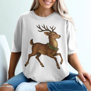 Vintage Reindeer T-Shirt, Christmas Animal Tee, Festive Holiday Outfit, Bell Collar Deer Gift, Retro Style Graphic Shirt