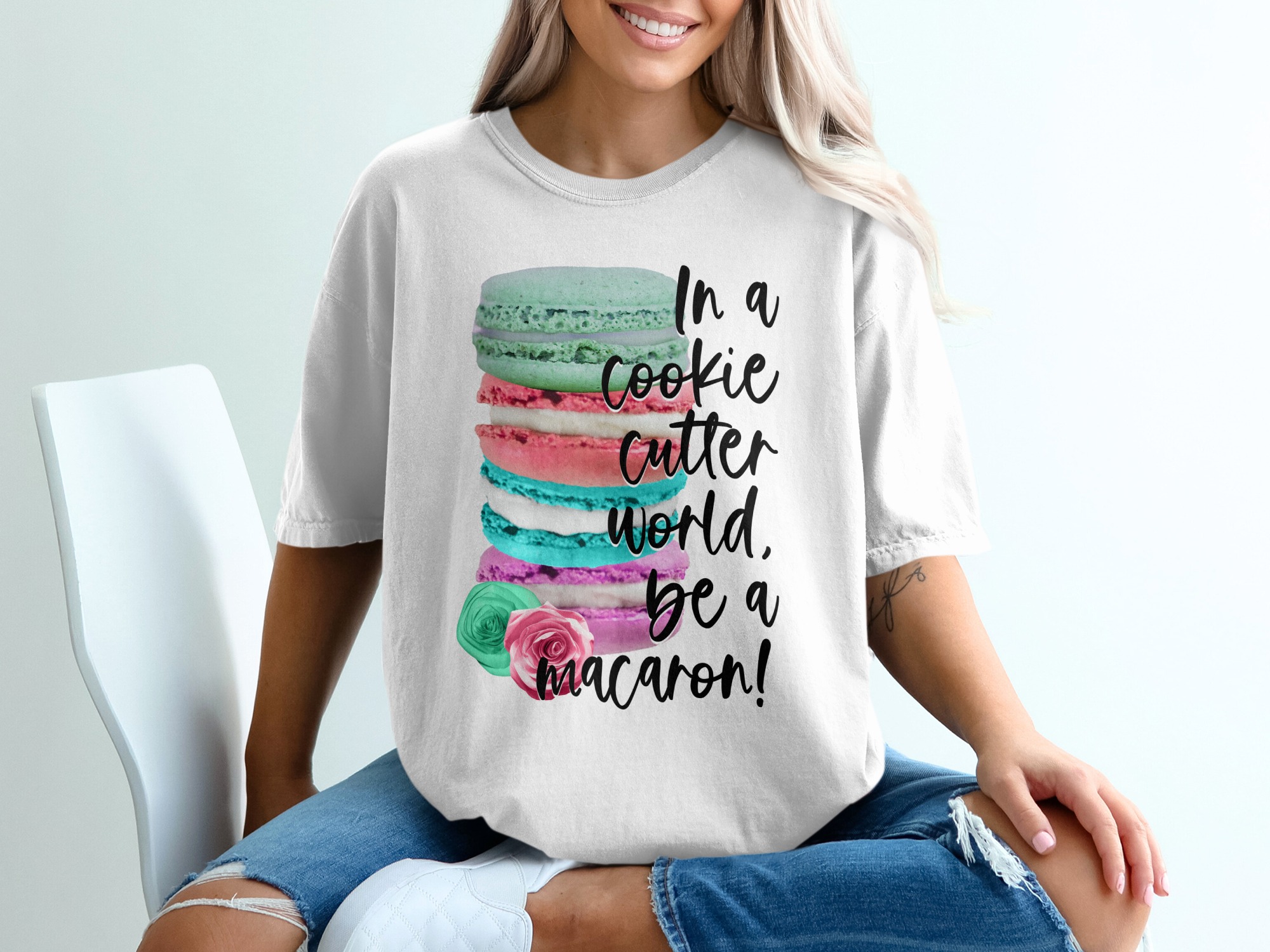 Be A Macaron T-Shirt, Macaron Lover Shirt, Inspirational Quote Tee, Colorful Macaron Stack, Foodie Gift, Unique Design, Quirky T-Shirt