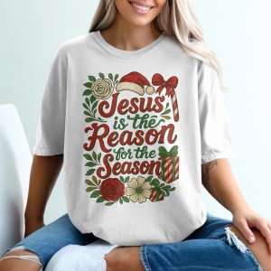 Jesus is the Reason, Christmas T-Shirt, Holiday Shirt, Floral T-Shirt, Gift Tee, Christian Shirt, Religious Shirt, Santa Hat Shirt
