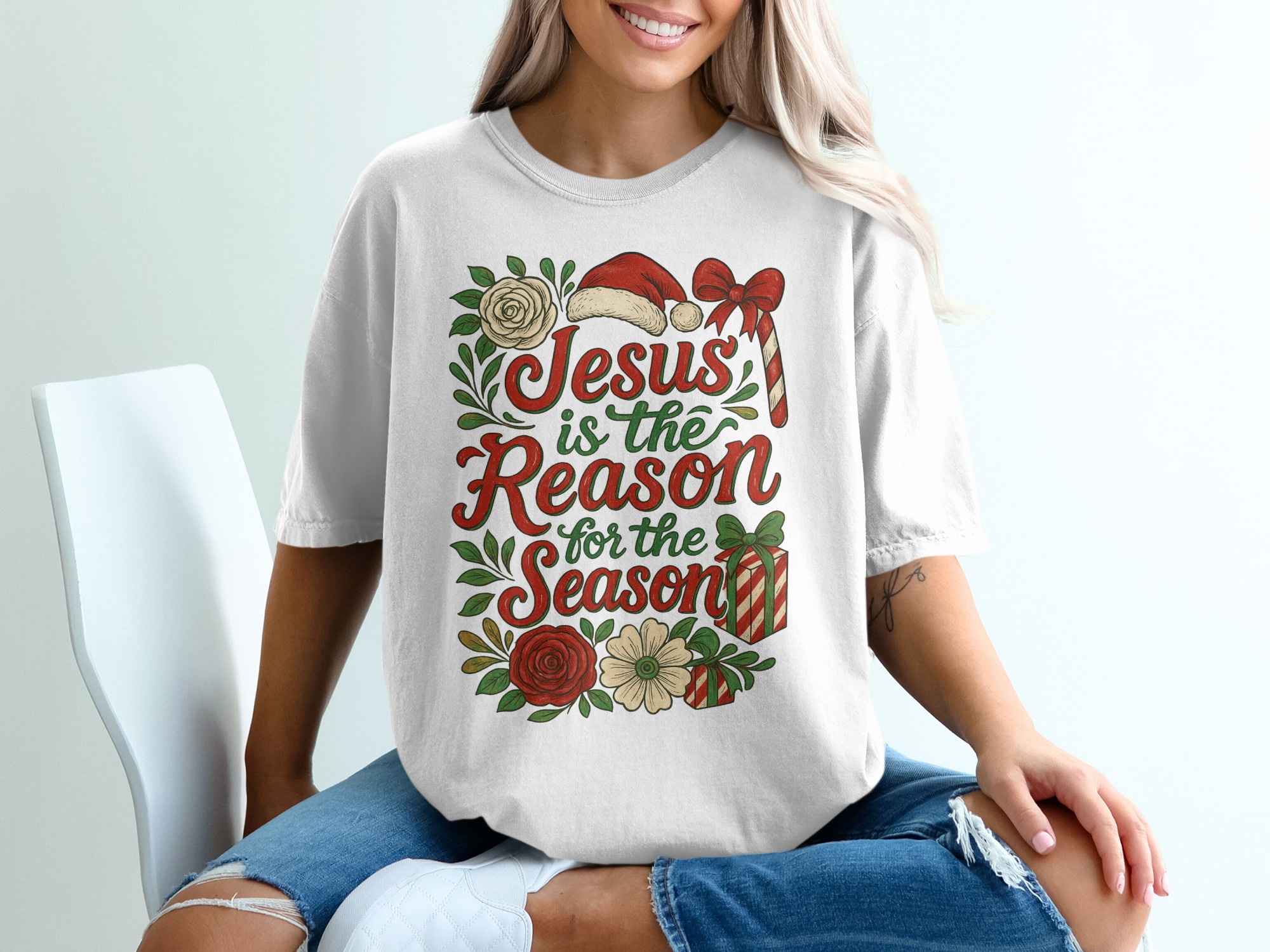 Jesus is the Reason, Christmas T-Shirt, Holiday Shirt, Floral T-Shirt, Gift Tee, Christian Shirt, Religious Shirt, Santa Hat Shirt