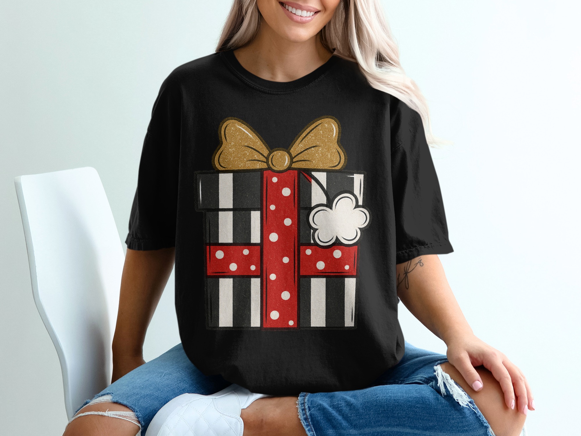 Present Box T-Shirt, Stylish Gift T Shirt, Holiday Tee, Striped Giftbox Shirt, Trendy Christmas Tee, TShirt for Gift Giver - Image 2