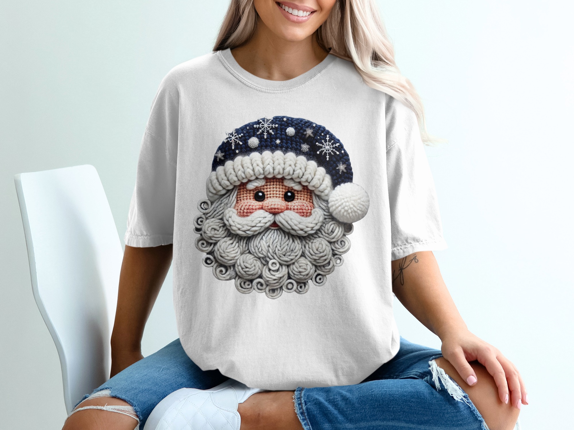 Knitted Santa T-Shirt, Christmas T-Shirt, Holiday T-Shirt, Festive Tee, Santa Claus Shirt, Winter Apparel, Knitted Christmas Design