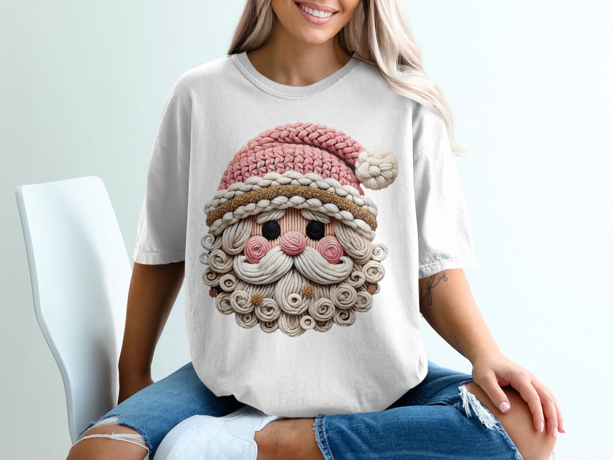 Crochet Santa Claus T-Shirt, Unique Christmas Tee, Holiday Apparel, Knitted Santa Design, Festive Top, Holiday Gift, Christmas Outfit