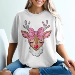 Cute Reindeer T-Shirt, Pink Bow Reindeer, Christmas Tee, Holiday Apparel, Festive Gift, Xmas Shirt, Cartoon Deer, TShirt, Christmas Gifts