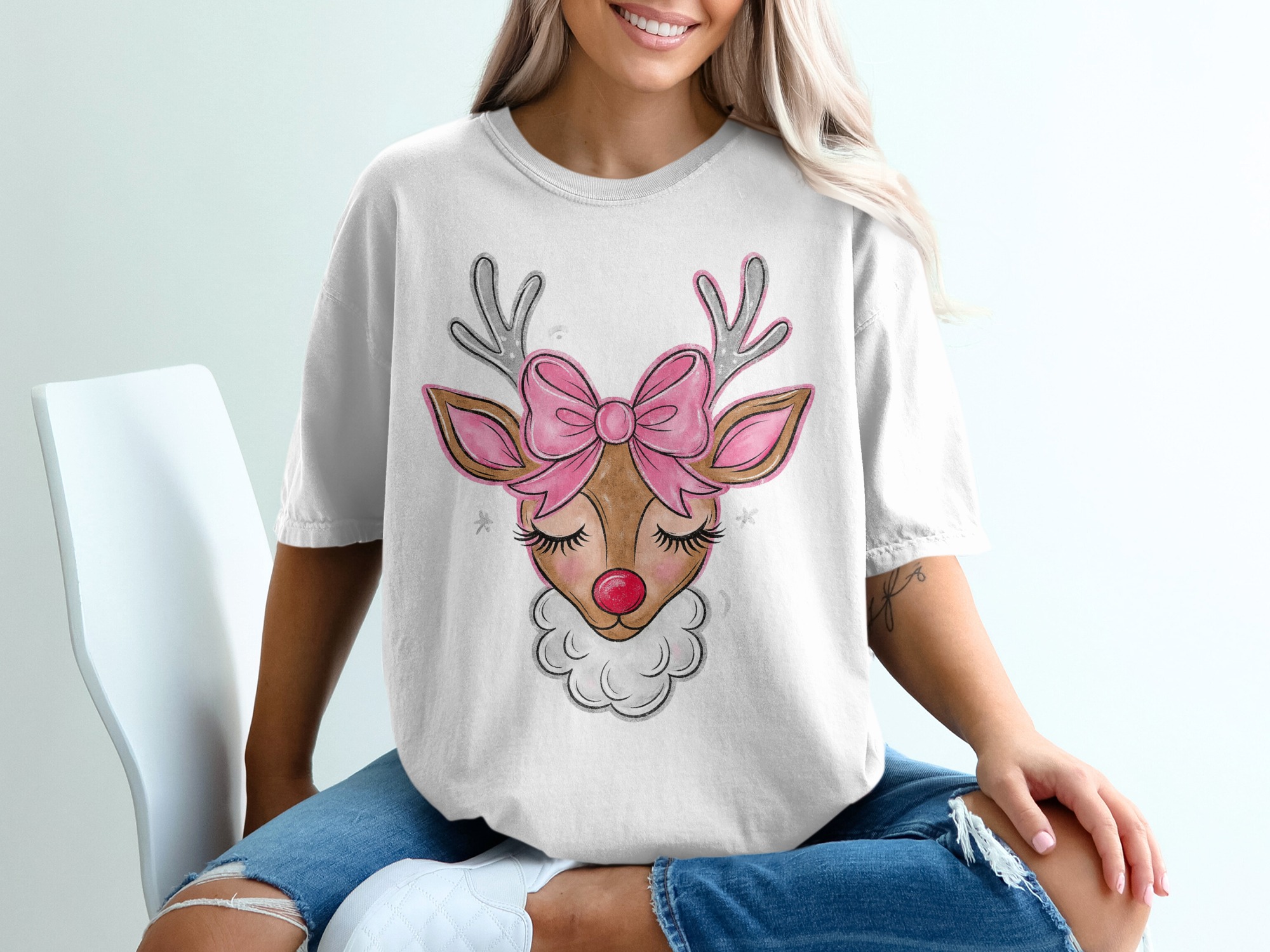 Cute Reindeer T-Shirt, Pink Bow Reindeer, Christmas Tee, Holiday Apparel, Festive Gift, Xmas Shirt, Cartoon Deer, TShirt, Christmas Gifts