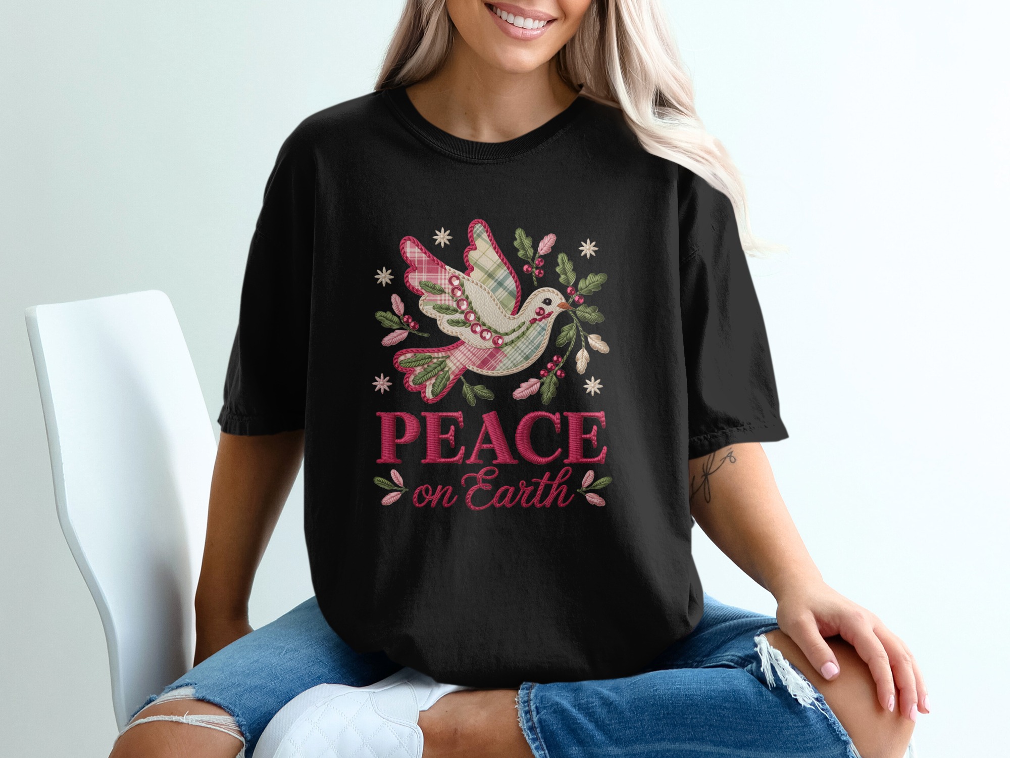 Peace Dove Christmas T-Shirt, Holiday Bird Shirt, Festive Earth Tee, Xmas Gift Apparel, Embroidered Dove Design Shirt - Image 2