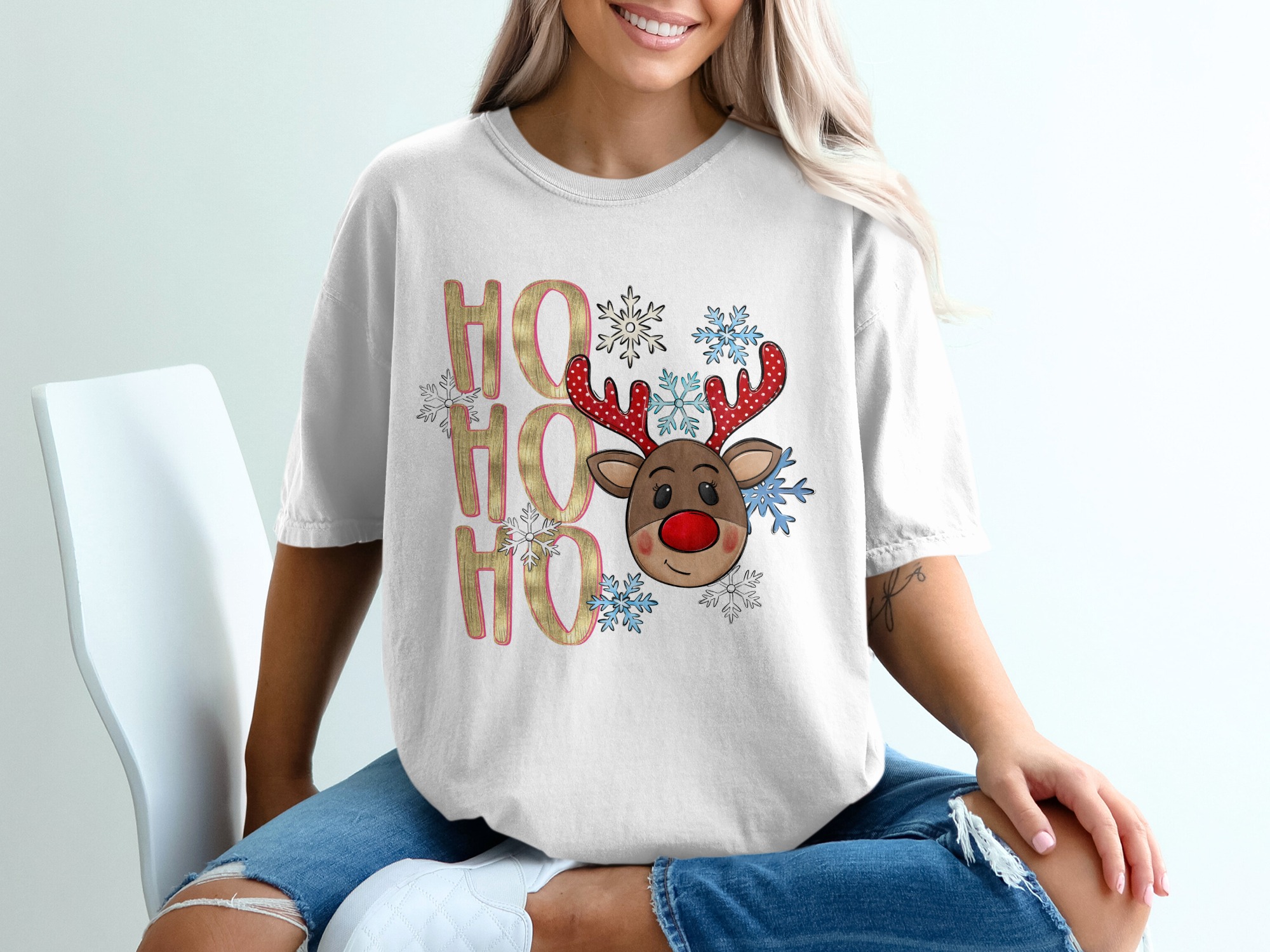 Ho Ho Ho Reindeer T-Shirt, Christmas Shirt, Holiday Shirt, Festive Shirt, Gift for Her, Gift for Him, Cute Reindeer, Holiday Gift