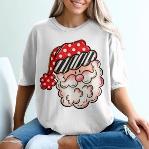 Whimsical Santa T-Shirt, Polka Dot Hat, Striped Brim, Retro Santa Tee, Christmas Gift, Holiday T Shirt, Festive Santa Shirt