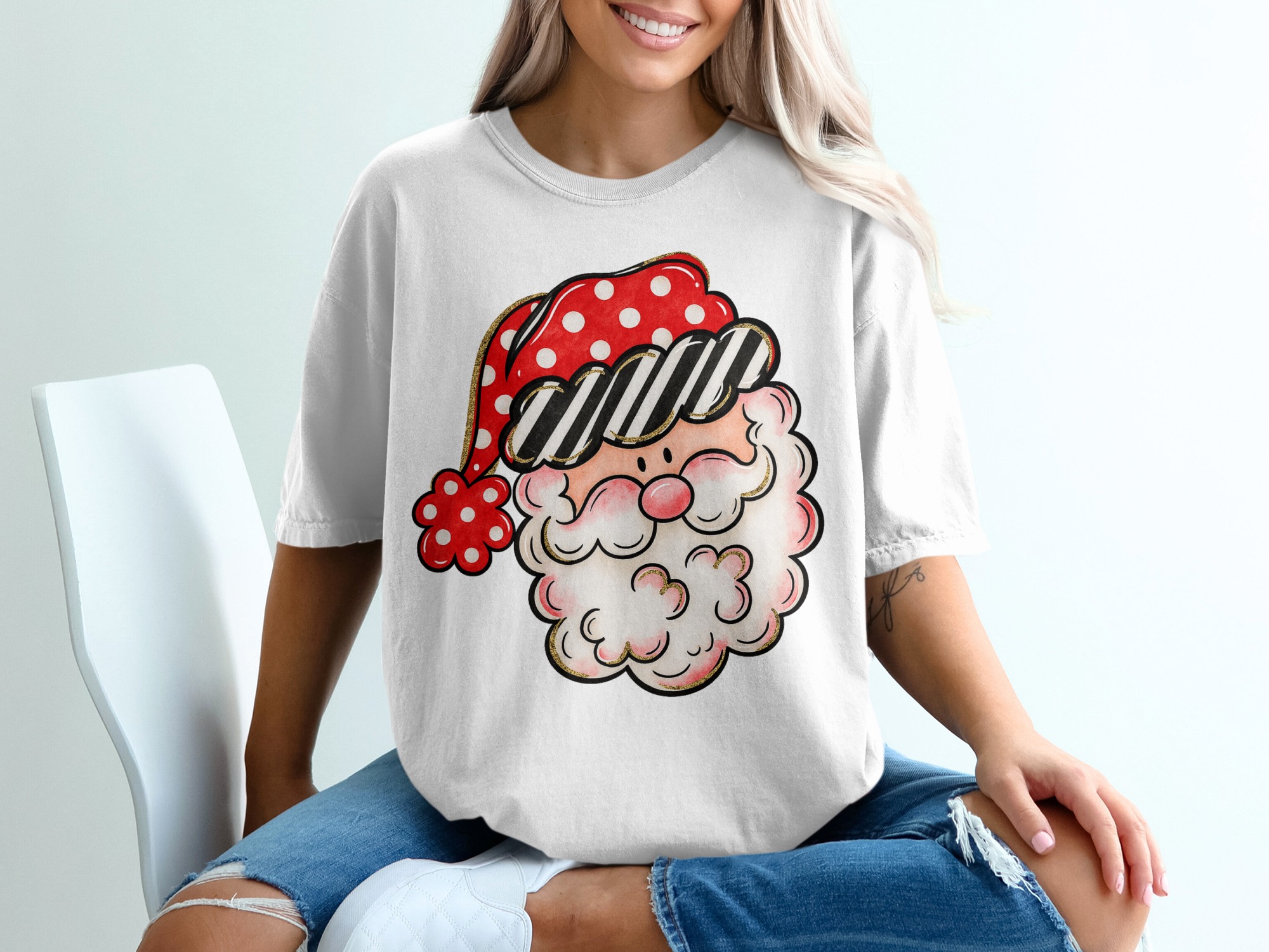 Whimsical Santa T-Shirt, Polka Dot Hat, Striped Brim, Retro Santa Tee, Christmas Gift, Holiday T Shirt, Festive Santa Shirt