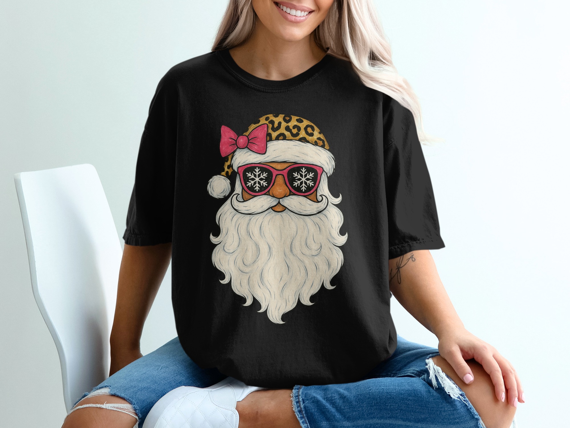 Leopard Santa T-Shirt, Pink Bow, Cool Santa, Snowflake Sunglasses, Holiday T-Shirt, Christmas Shirt, Festive T-Shirt, Trendy Santa Claus - Image 2