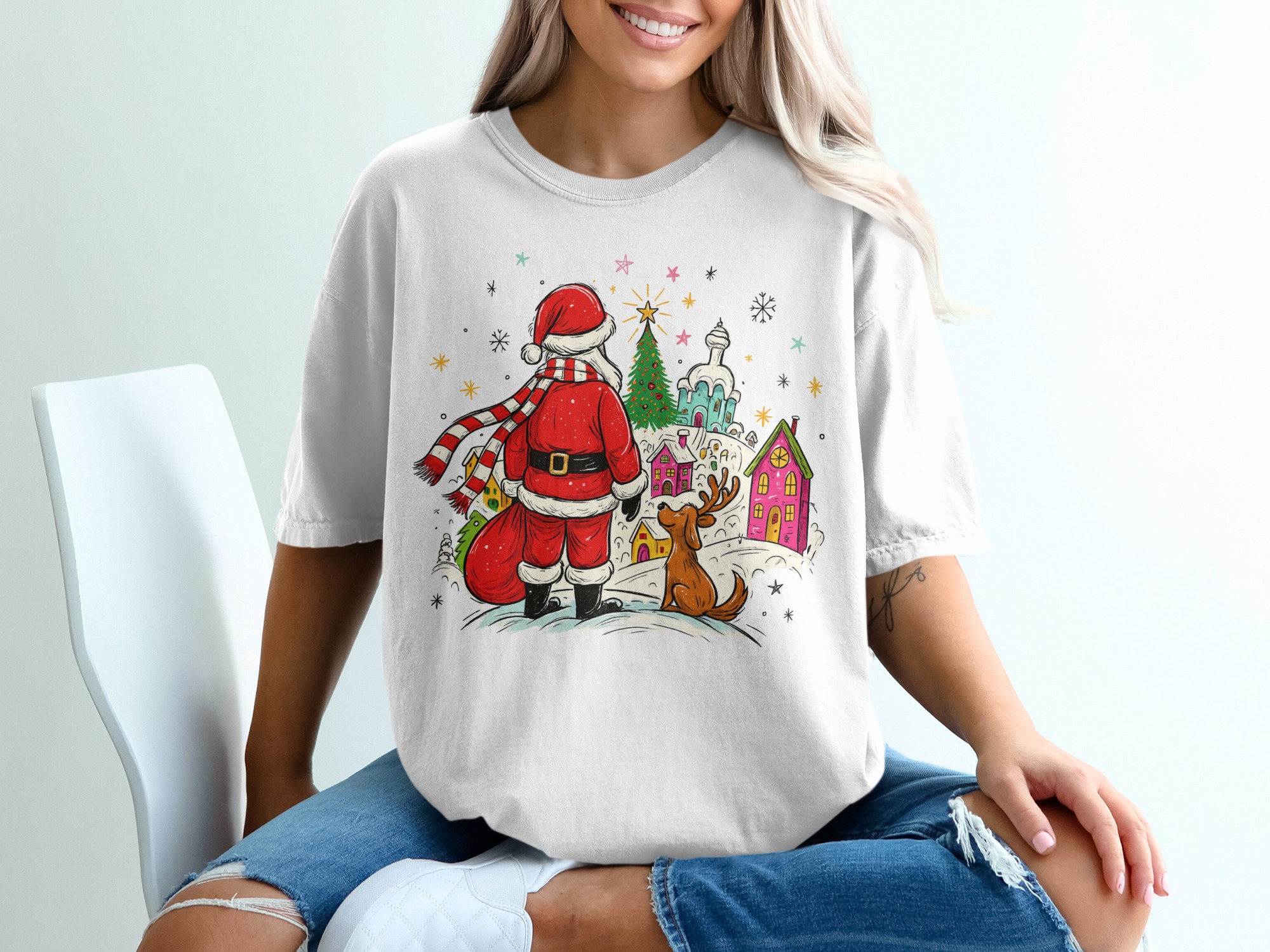 Christmas Santa T-Shirt, Dog Reindeer T-Shirt, Winter Holiday T-Shirt, Christmas Tree T-Shirt, Festive T-Shirt, Gift Idea