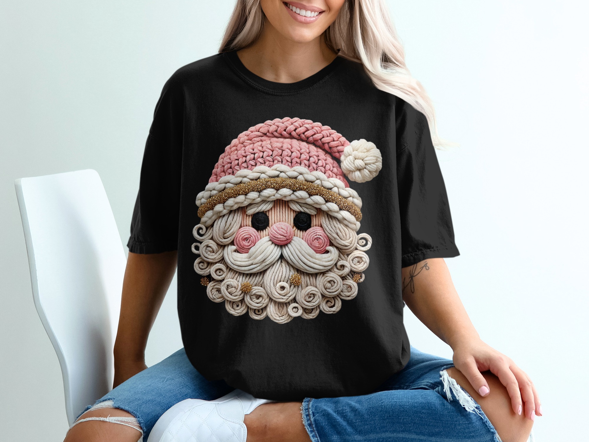 Crochet Santa Claus T-Shirt, Unique Christmas Tee, Holiday Apparel, Knitted Santa Design, Festive Top, Holiday Gift, Christmas Outfit - Image 2