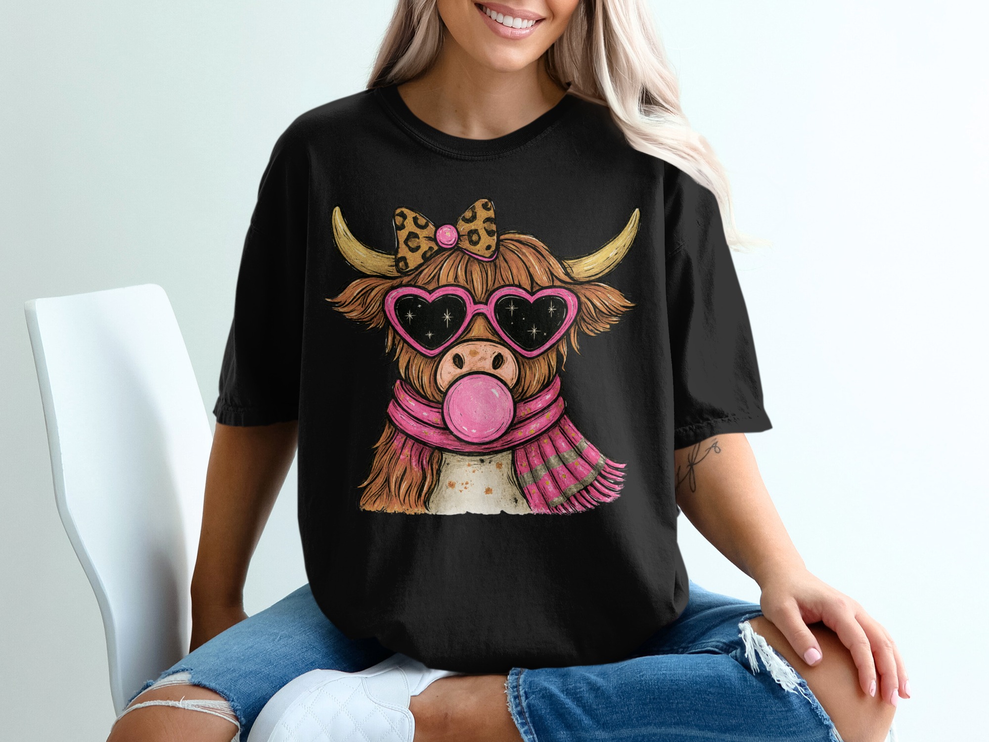 Highland Cow T-Shirt, Cute Cow with Bow, Bubble Gum, and Heart Glasses Tee, Trendy Animal Lover Shirt, Unique Graphic Design T-Shirt - Image 2
