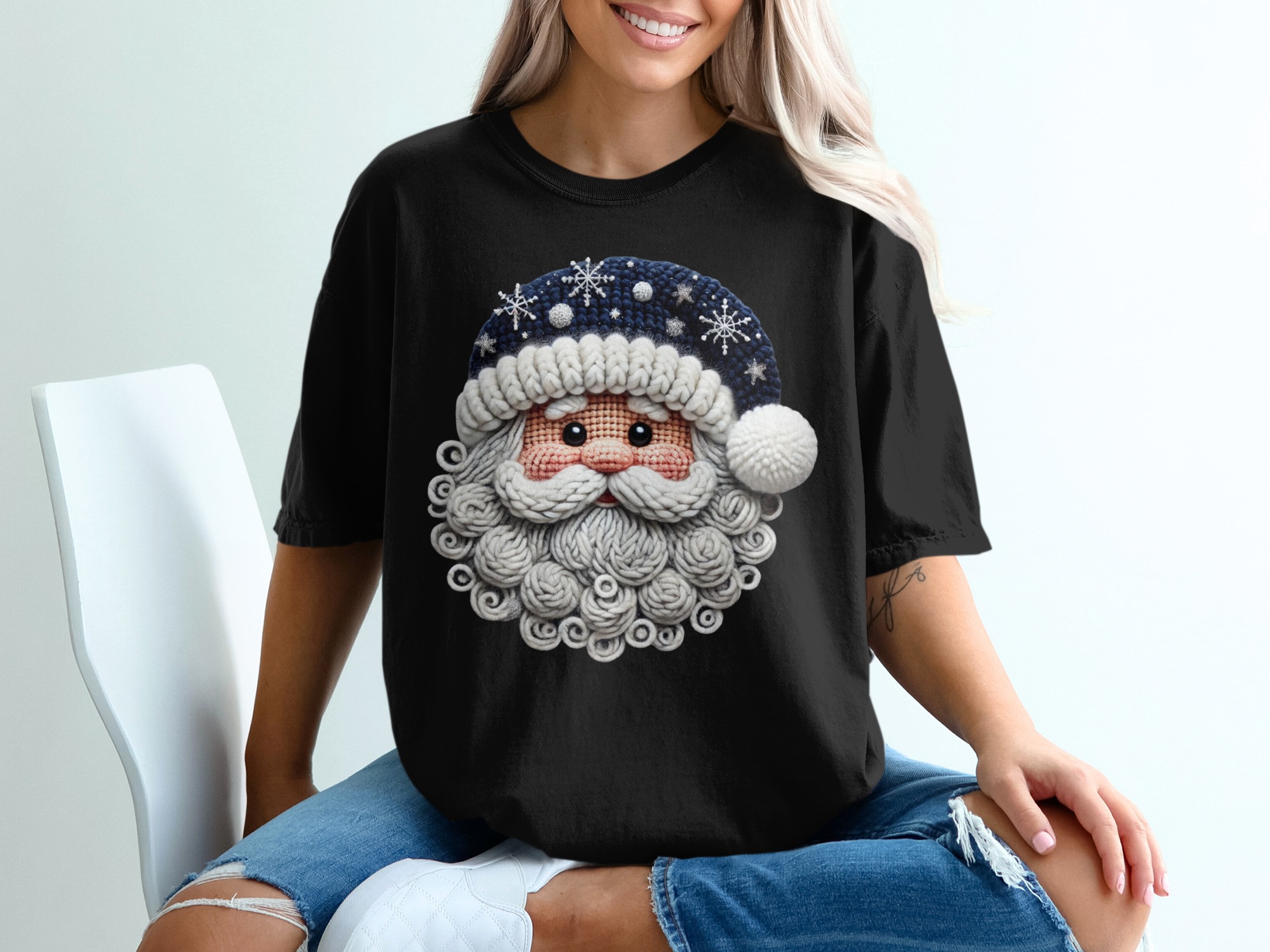 Knitted Santa T-Shirt, Christmas T-Shirt, Holiday T-Shirt, Festive Tee, Santa Claus Shirt, Winter Apparel, Knitted Christmas Design - Image 2