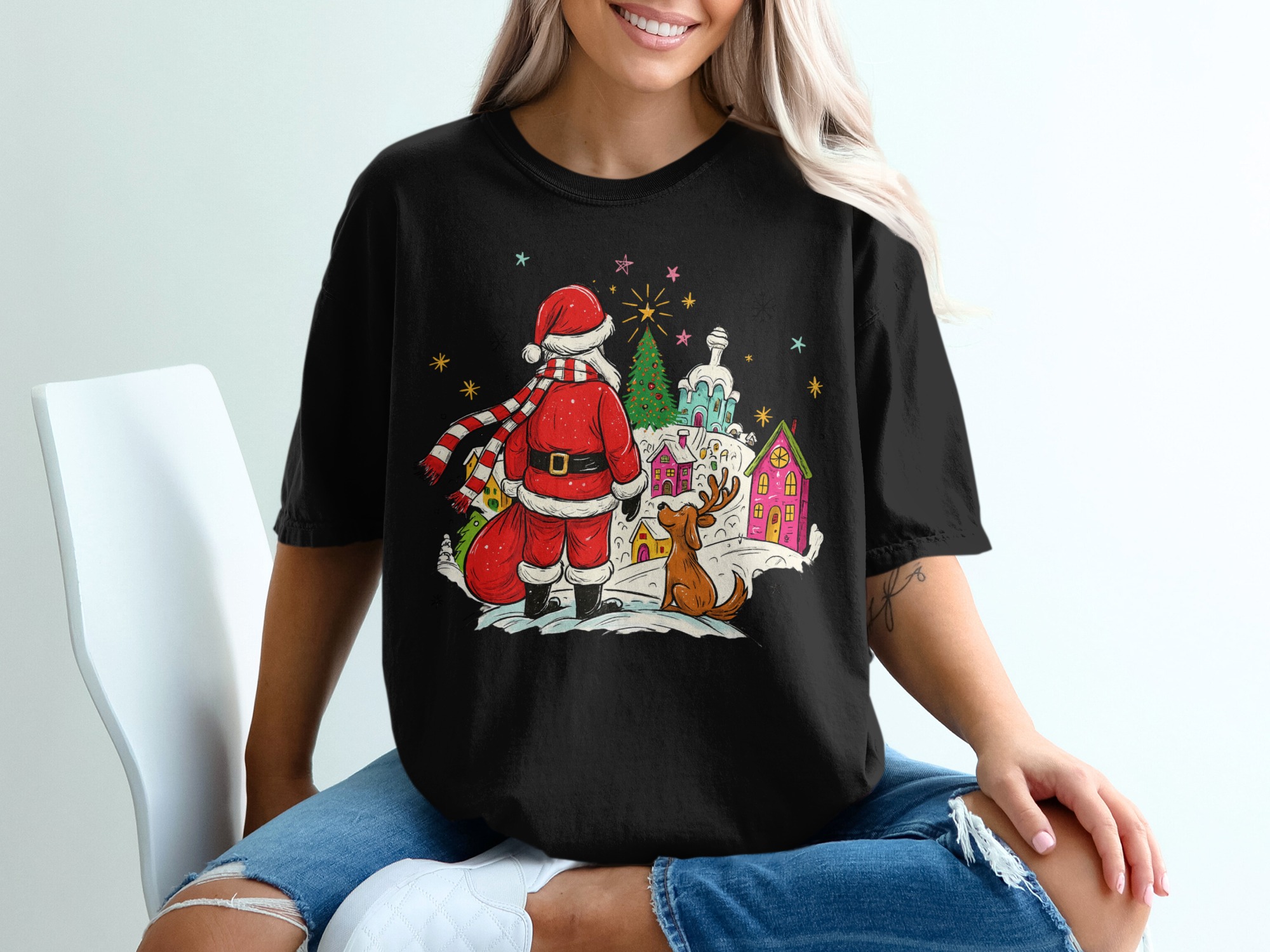 Christmas Santa T-Shirt, Dog Reindeer T-Shirt, Winter Holiday T-Shirt, Christmas Tree T-Shirt, Festive T-Shirt, Gift Idea - Image 2