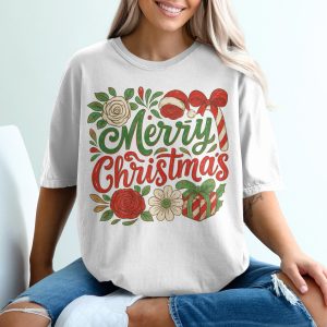 Merry Christmas T-Shirt, Holiday Shirt, Floral Christmas Gift, Festive Tee, Christmas Apparel, Xmas Top, Seasonal T Shirt, Holiday Gift Idea