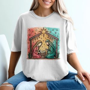 Nativity Scene T-Shirt, Christian Shirt, Christmas Gift, Watercolor Nativity, Mary Joseph Baby Jesus Tee, Religious Gift