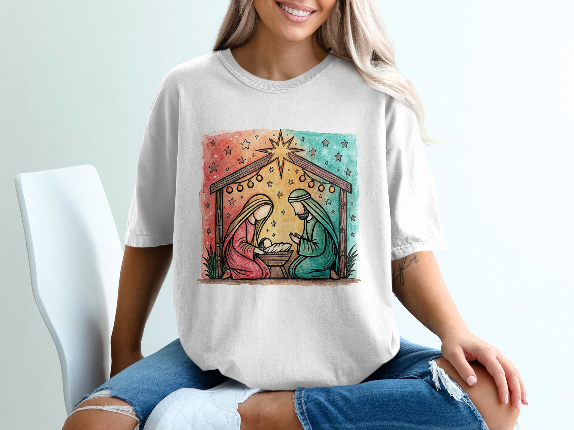 Nativity Scene T-Shirt, Christian Shirt, Christmas Gift, Watercolor Nativity, Mary Joseph Baby Jesus Tee, Religious Gift