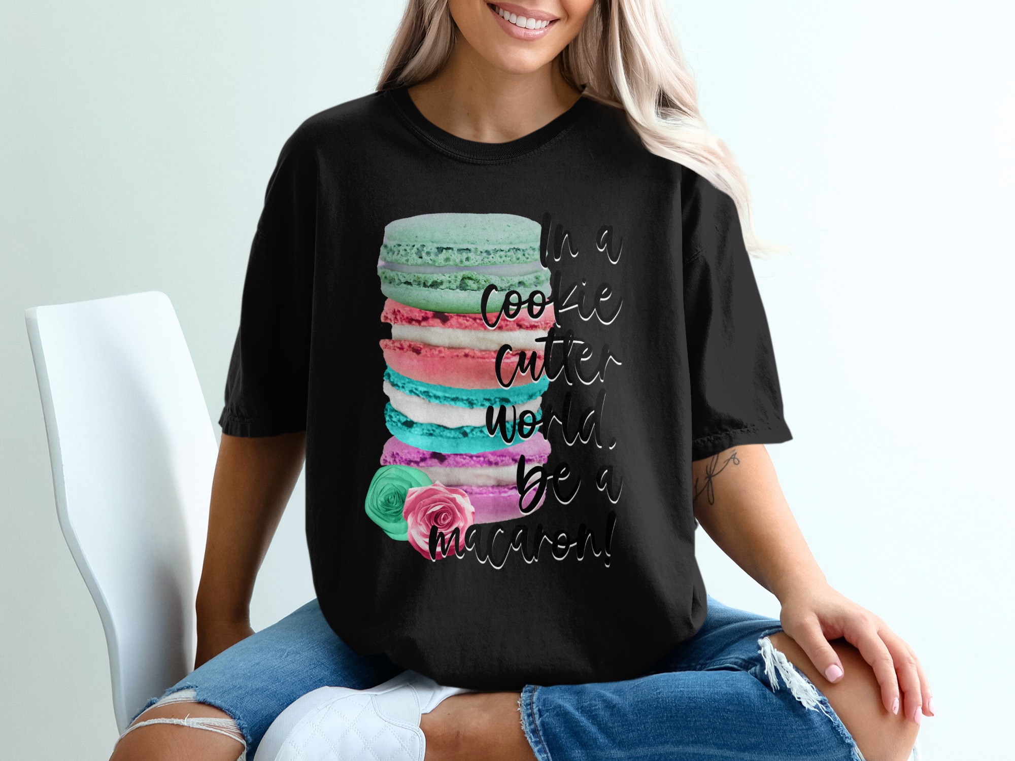 Be A Macaron T-Shirt, Macaron Lover Shirt, Inspirational Quote Tee, Colorful Macaron Stack, Foodie Gift, Unique Design, Quirky T-Shirt - Image 2
