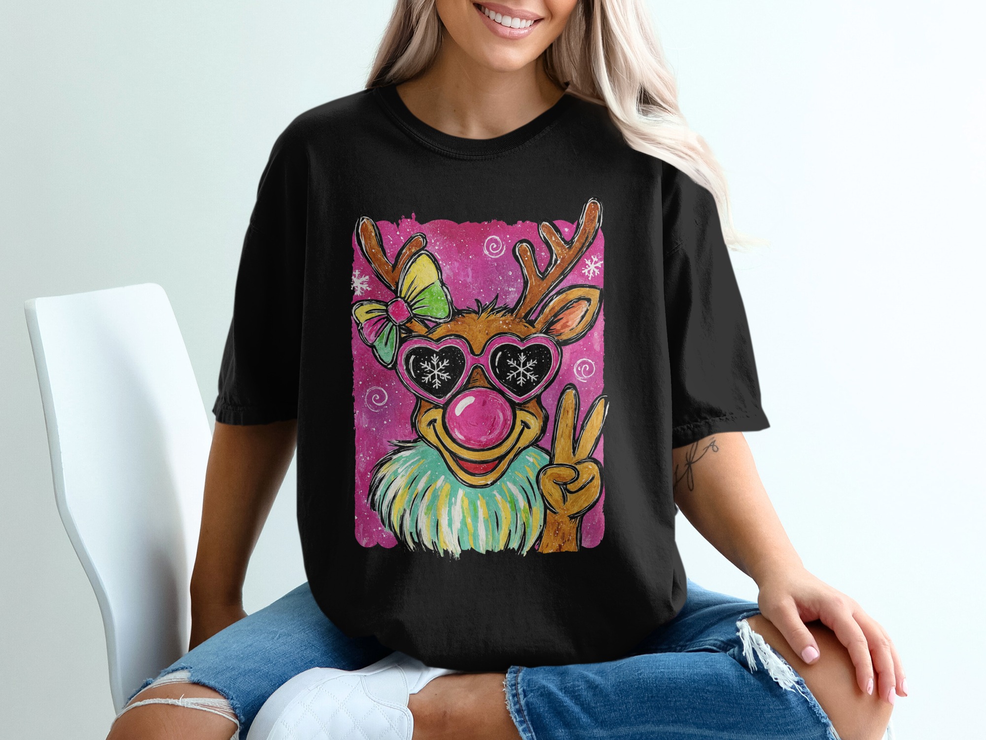 Cool Reindeer T-Shirt, Holiday T-Shirt, Peace Sign Tee, Funny Christmas T-Shirt, Antler T-Shirt, Pink Nose Reindeer Tee - Image 2