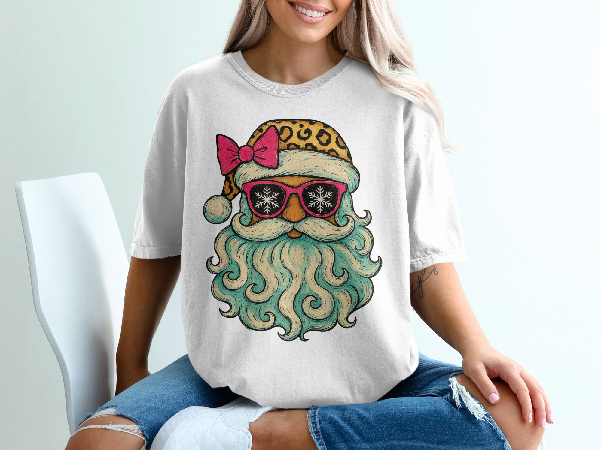 Cool Santa T Shirt, Leopard Print Santa, Trendy Santa, Santa with Sunglasses, Holiday T Shirt, Christmas Gift, Festive Santa Claus