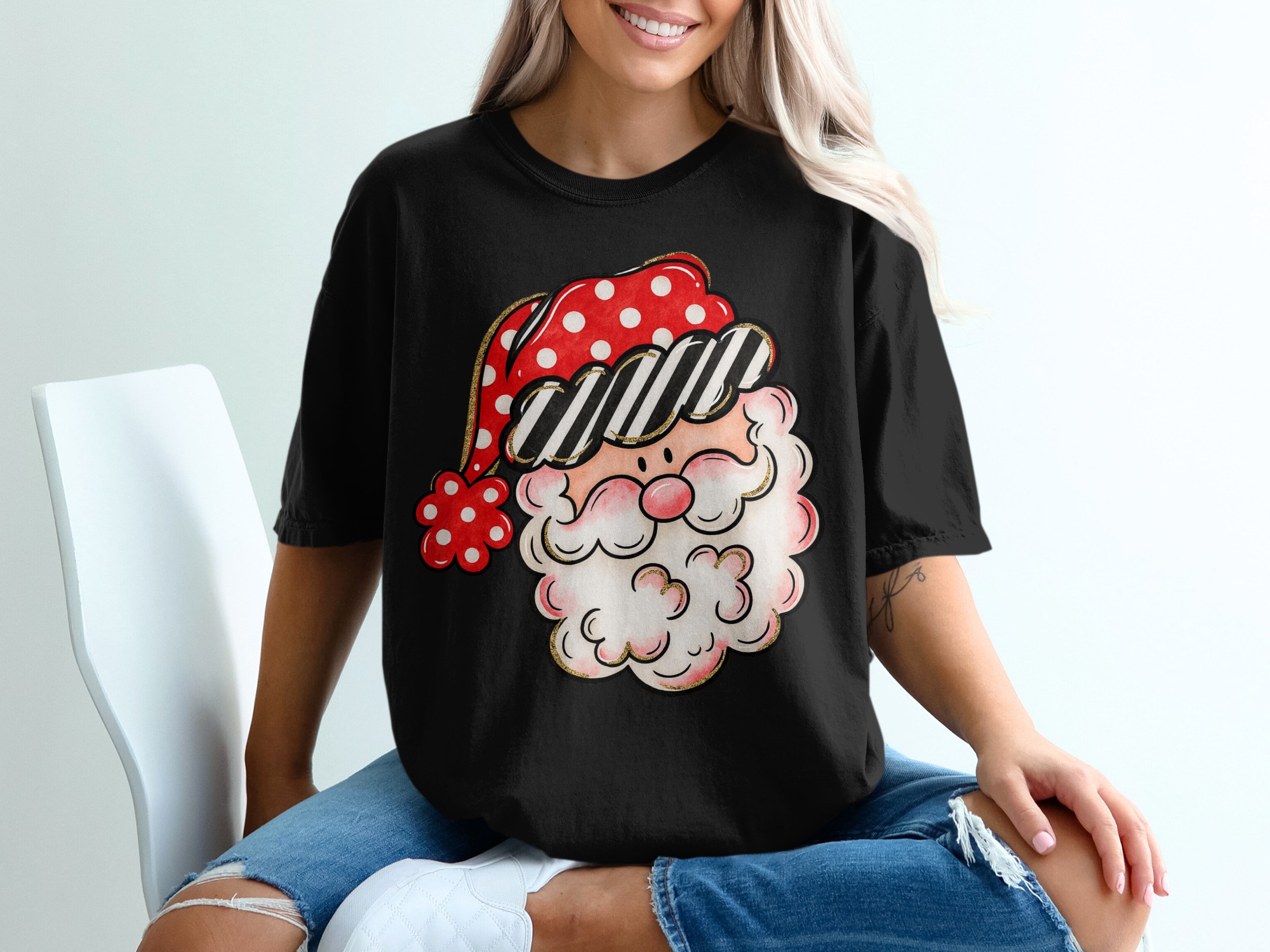 Whimsical Santa T-Shirt, Polka Dot Hat, Striped Brim, Retro Santa Tee, Christmas Gift, Holiday T Shirt, Festive Santa Shirt - Image 2