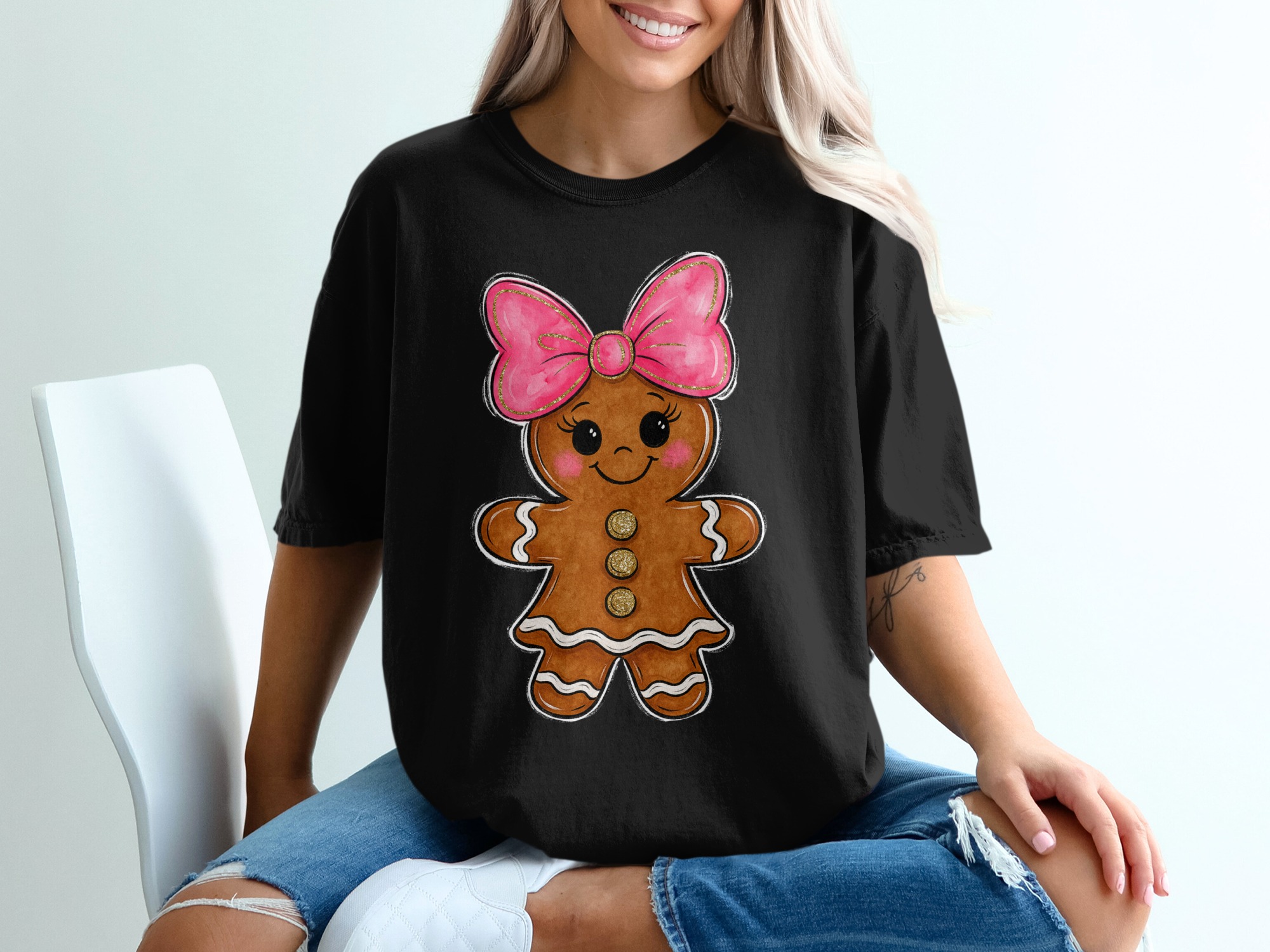 Gingerbread Girl T-Shirt, Cute Bow, Holiday T-Shirt, Christmas Tee, Festive T-Shirt, Winter T-Shirt, Trendy Top, Gift For Her - Image 2