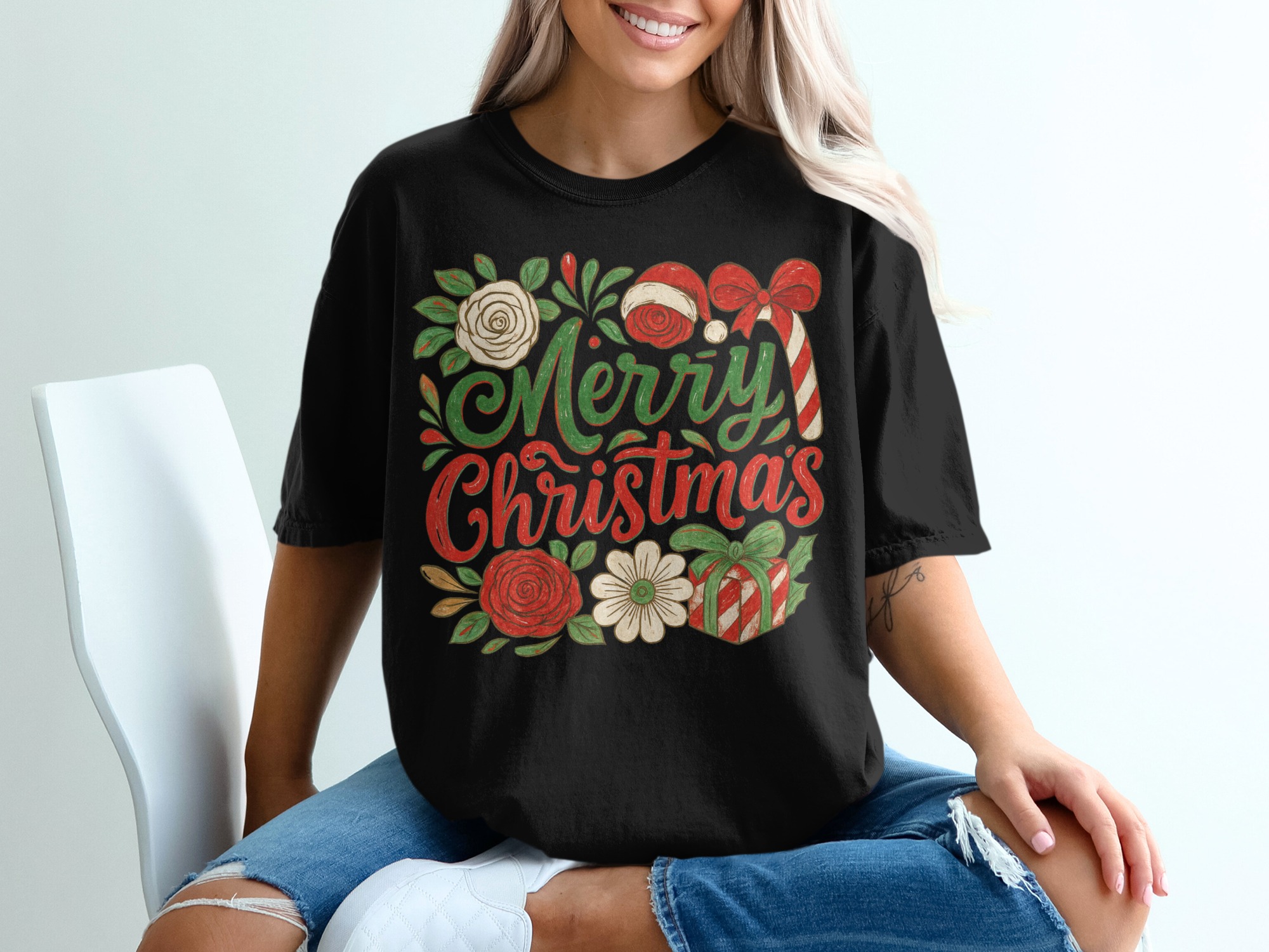 Merry Christmas T-Shirt, Holiday Shirt, Floral Christmas Gift, Festive Tee, Christmas Apparel, Xmas Top, Seasonal T Shirt, Holiday Gift Idea - Image 2