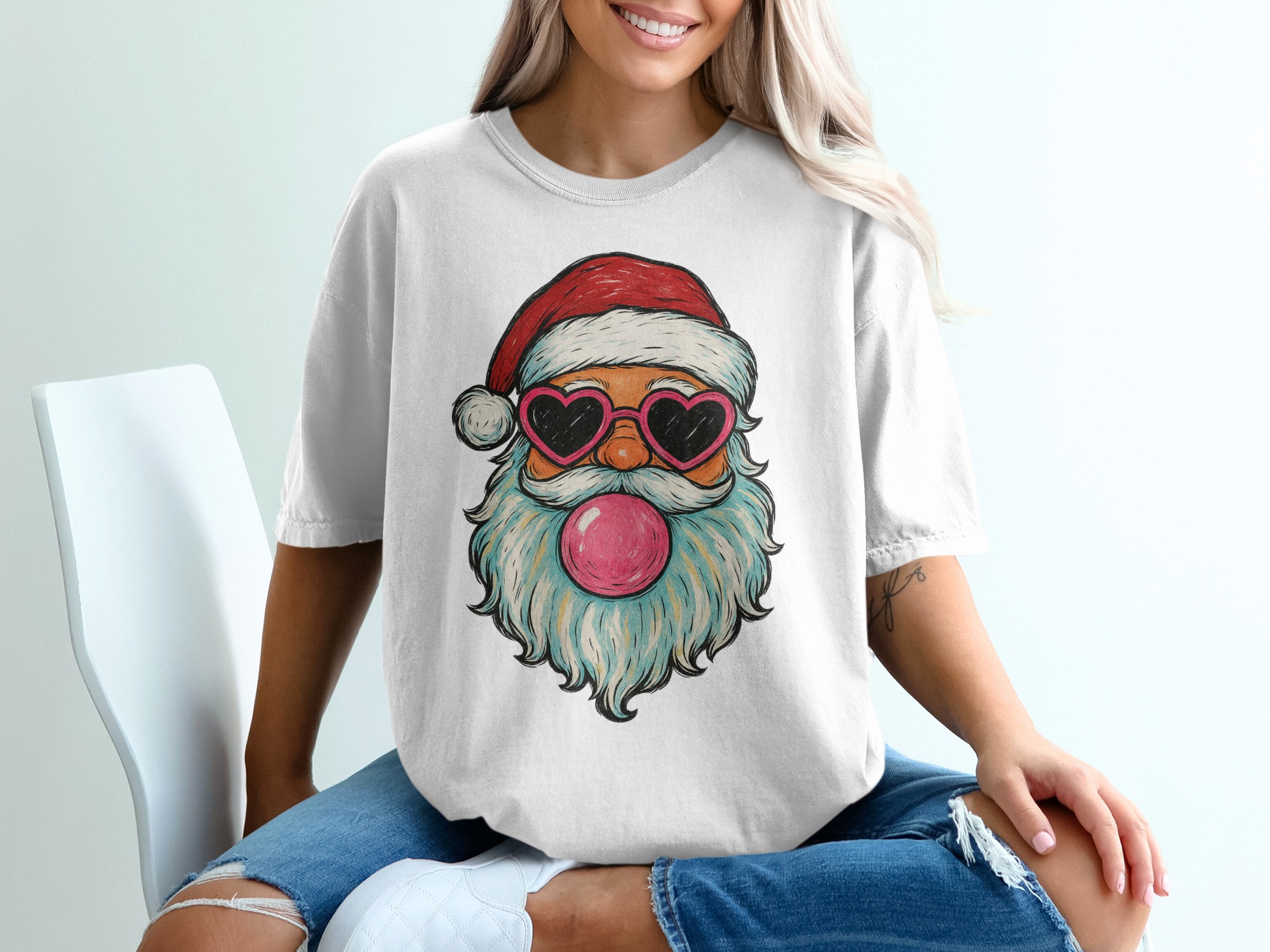 Cool Santa T-Shirt, Santa Heart Glasses, Santa Bubble Gum, Funny Christmas Shirt, Holiday TShirt, Christmas Gift, Festive Apparel
