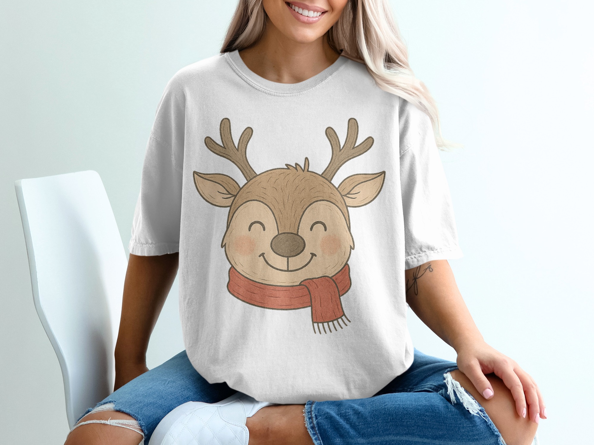 Cute Deer T-Shirt, Christmas Reindeer Shirt, Holiday Season Tee, Winter Animal Top, Festive Apparel, Smiling Reindeer Gift