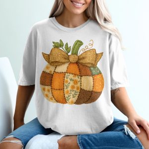 Autumn Pumpkin T Shirt, Quilted Pumpkin Design, Fall Colors Tee, Thanksgiving Apparel, Holiday Outfit, Harvest Season Shirt