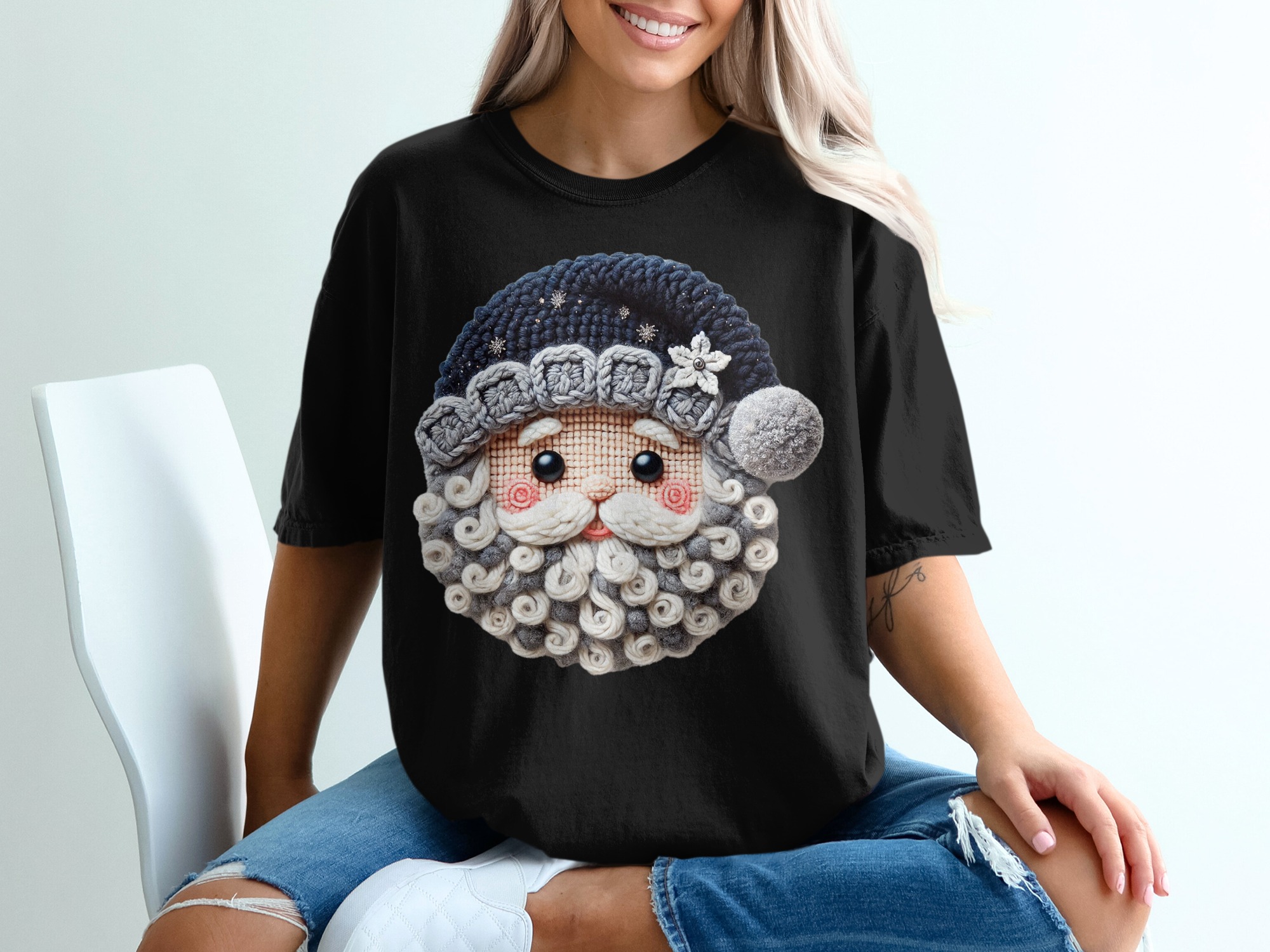 Knitted Santa T-Shirt, Festive Christmas Tee, Holiday Apparel, Winter Clothing, Unique Design Santa T Shirt, Santa Face T Shirt - Image 2