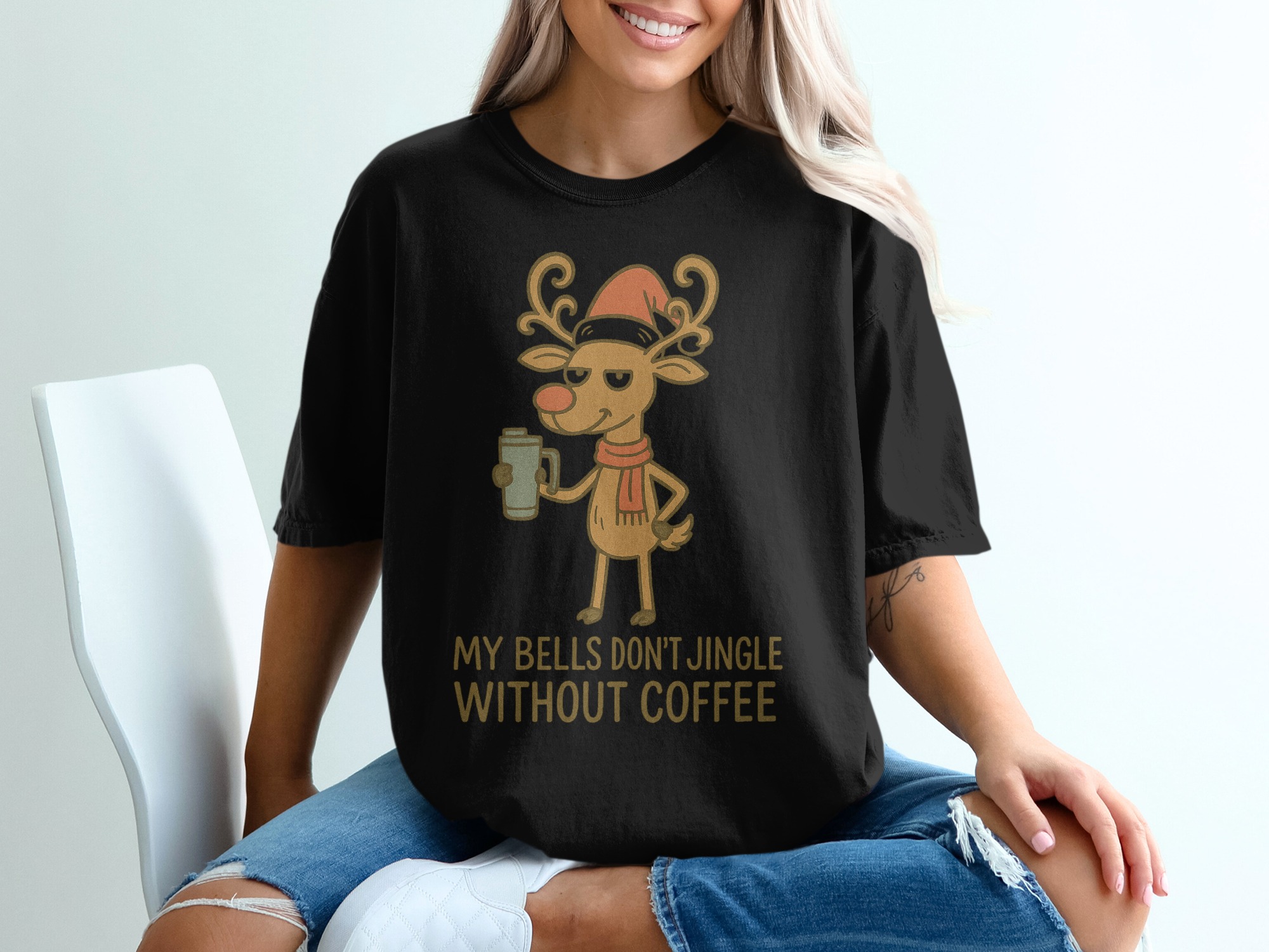 Funny Reindeer Coffee T-Shirt, Christmas Tee, Holiday Humor, Coffee Lover Gift, Winter Apparel, Festive Shirt, Cute Animal Design - Image 2