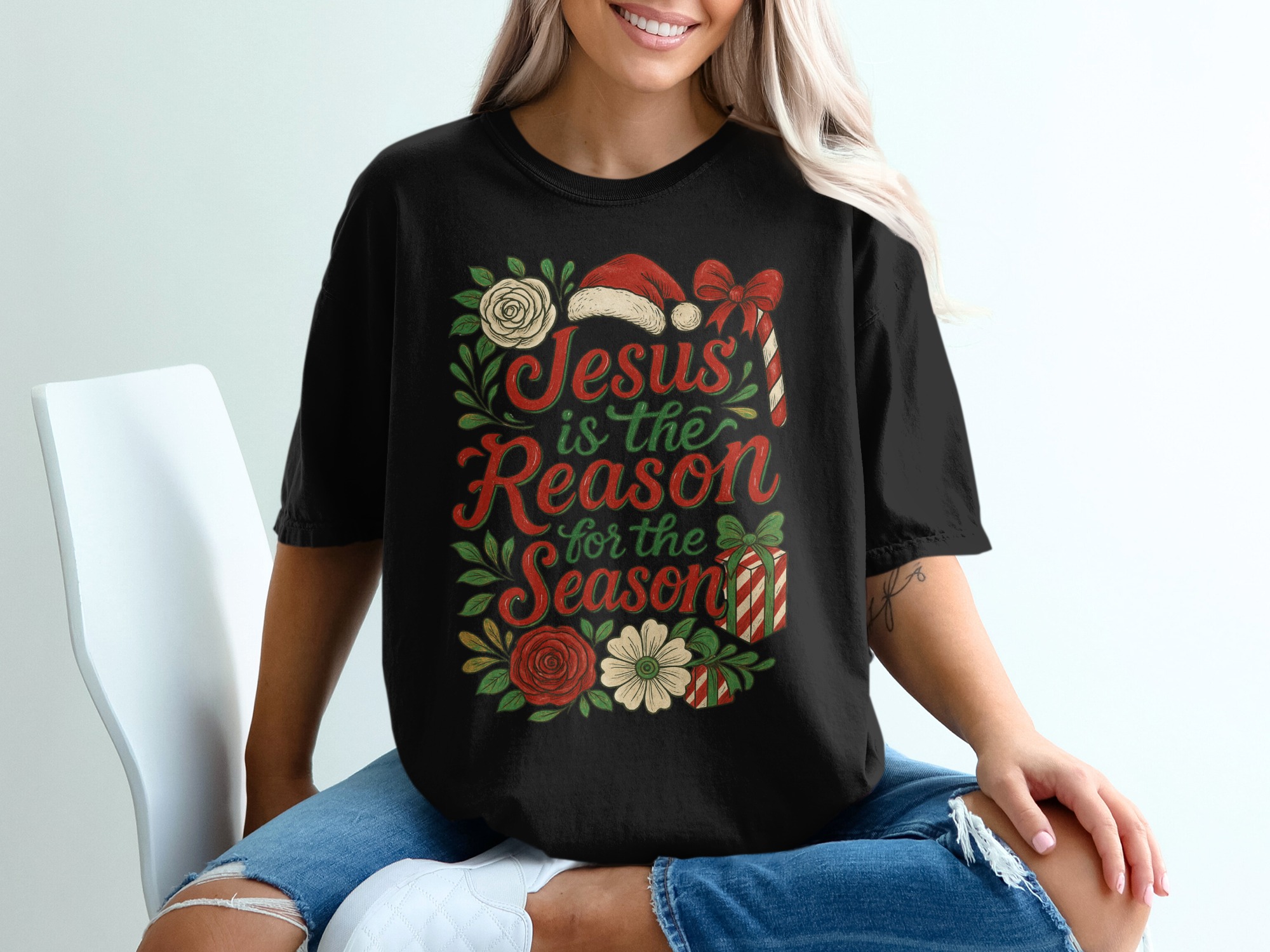 Jesus is the Reason, Christmas T-Shirt, Holiday Shirt, Floral T-Shirt, Gift Tee, Christian Shirt, Religious Shirt, Santa Hat Shirt - Image 2