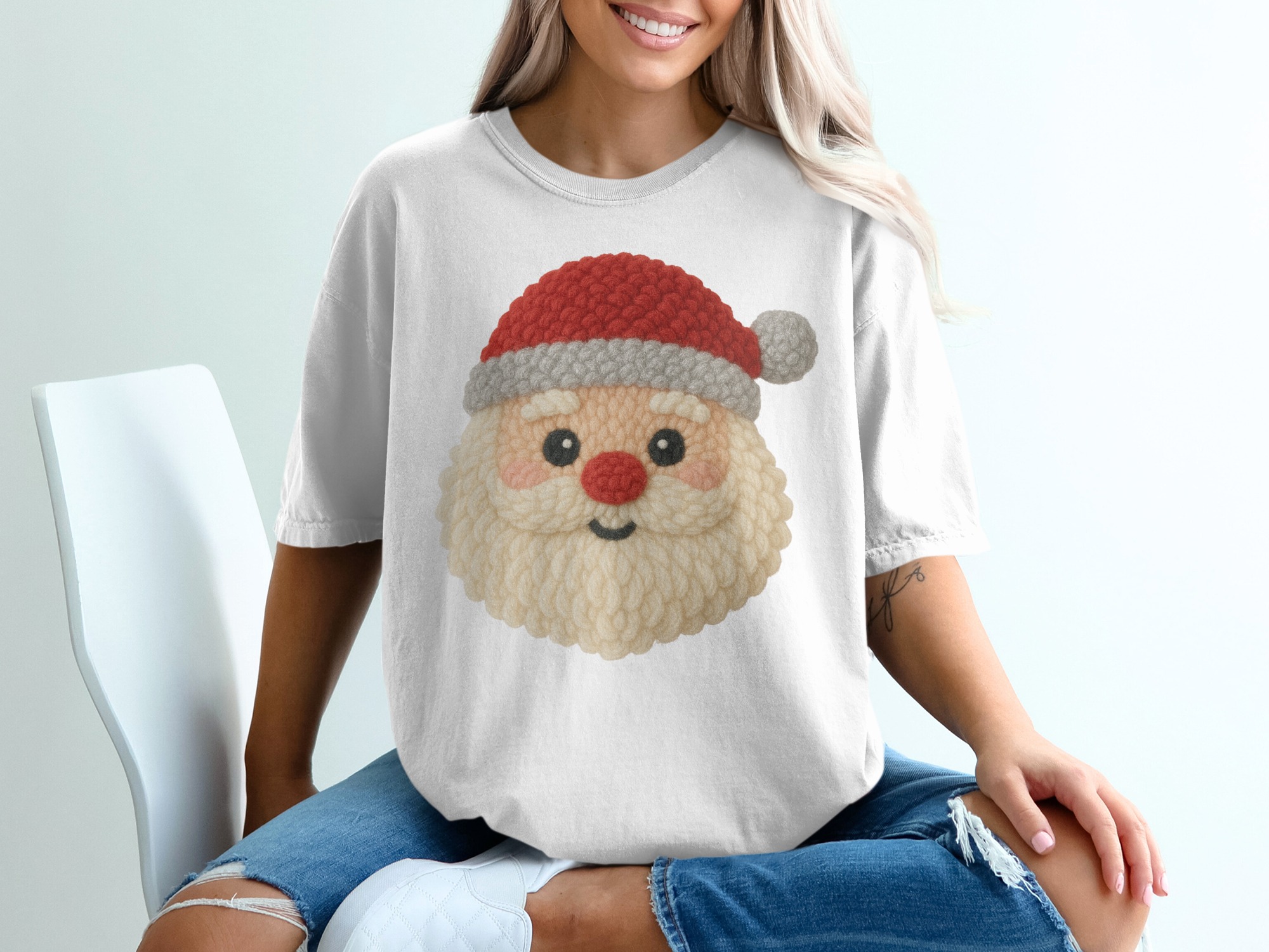 Santa Claus T-Shirt, Cute Knitted Santa, Christmas T-Shirt, Holiday Tee, Festive Apparel, Xmas Gift Idea, Santa Face Shirt
