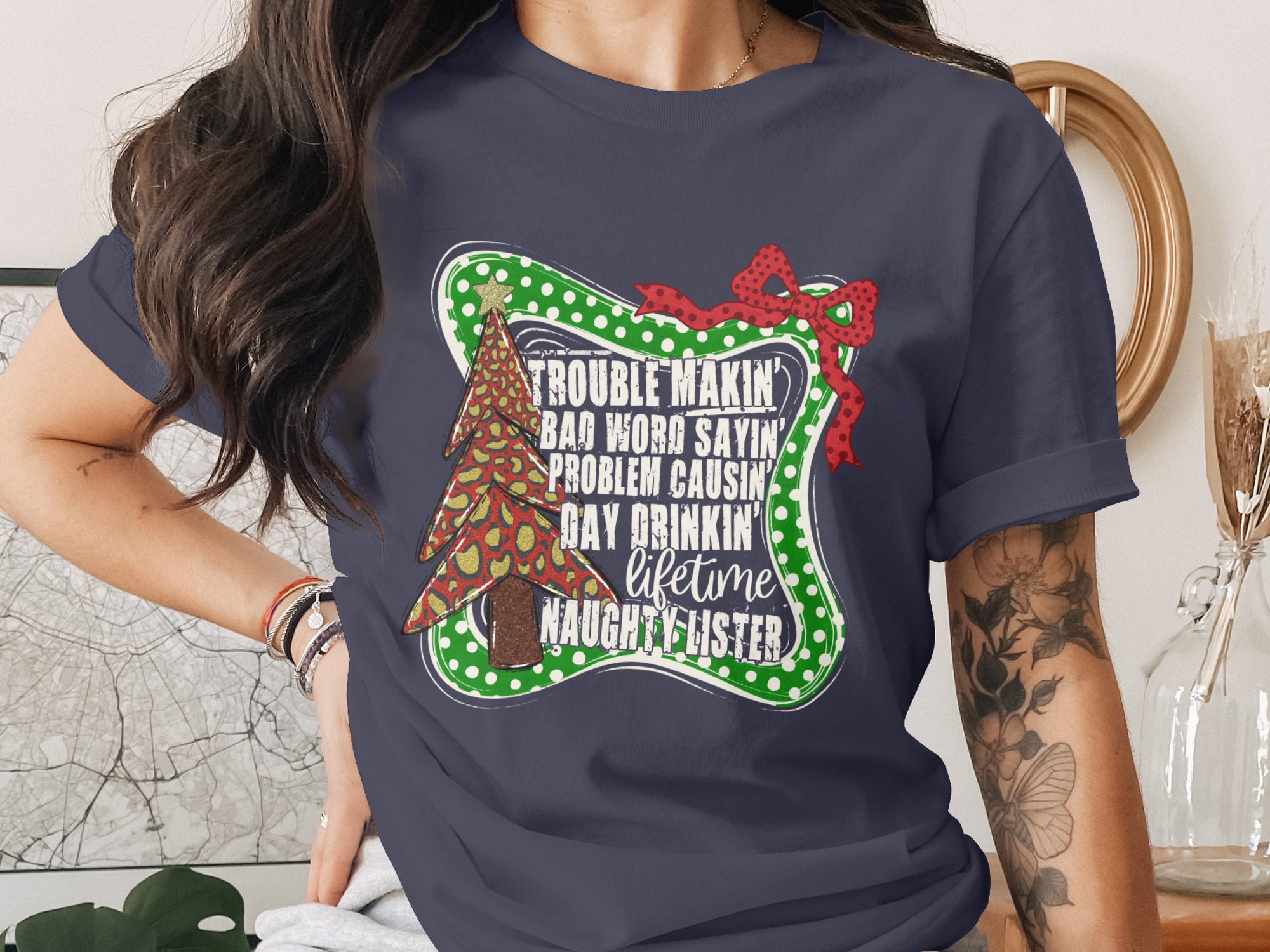 Funny Christmas T-Shirt, Naughty Lister Shirt, Trouble Maker Bad Word Day Drinkin, Holiday Tee, Christmas Party Tee, Adult Humor, Xmas Gift - Image 2