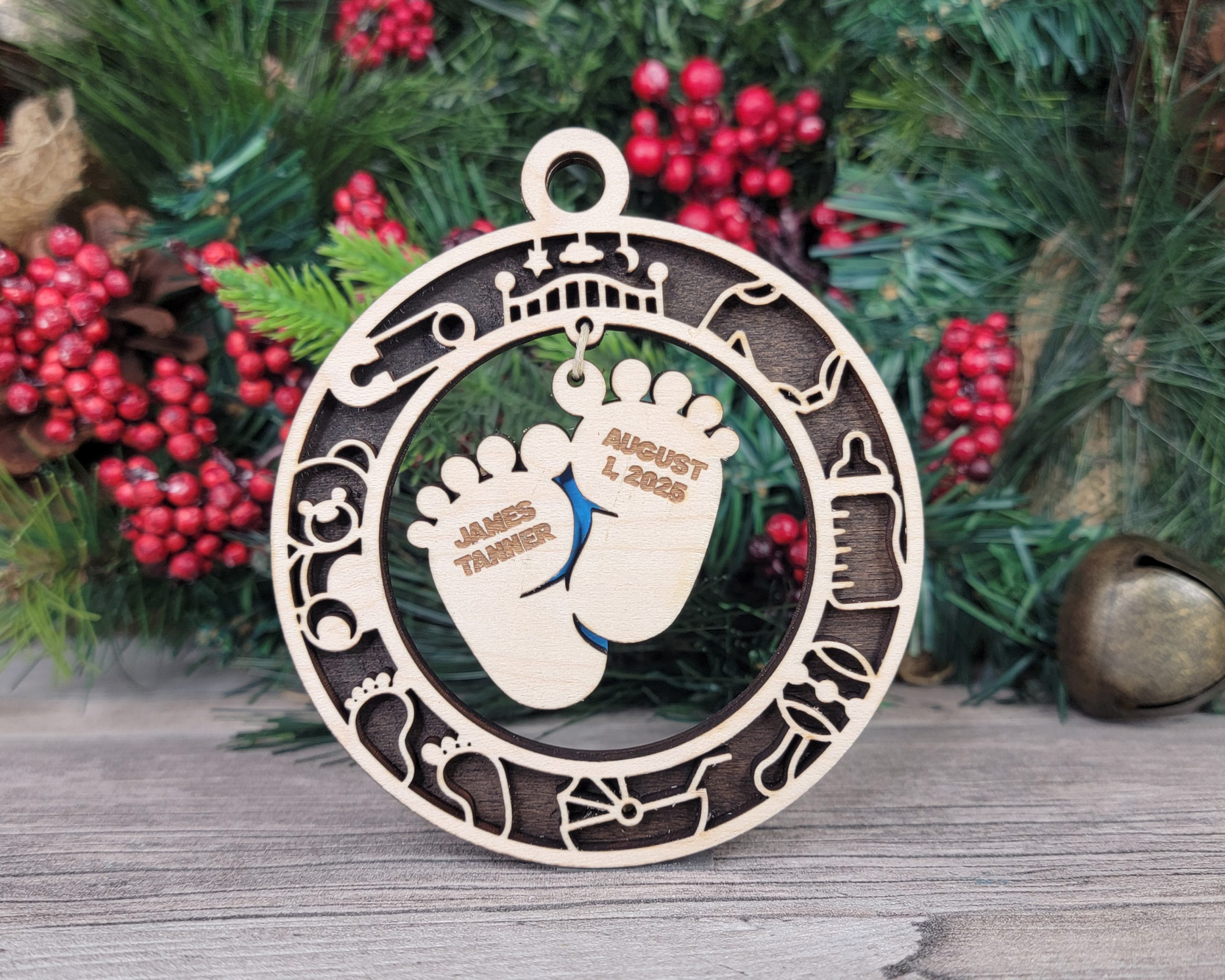 Personalized Baby Feet Wood Ornament, Custom Name and Date Ornament, Newborn Gift, Christmas Ornament, Baby Shower Gift, Holiday Decor