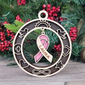 Personalized Breast Cancer Awareness Ornament, Custom Name, Pink Ribbon Hope, Engraved Wood Ornament, Holiday Decor, Gift Idea