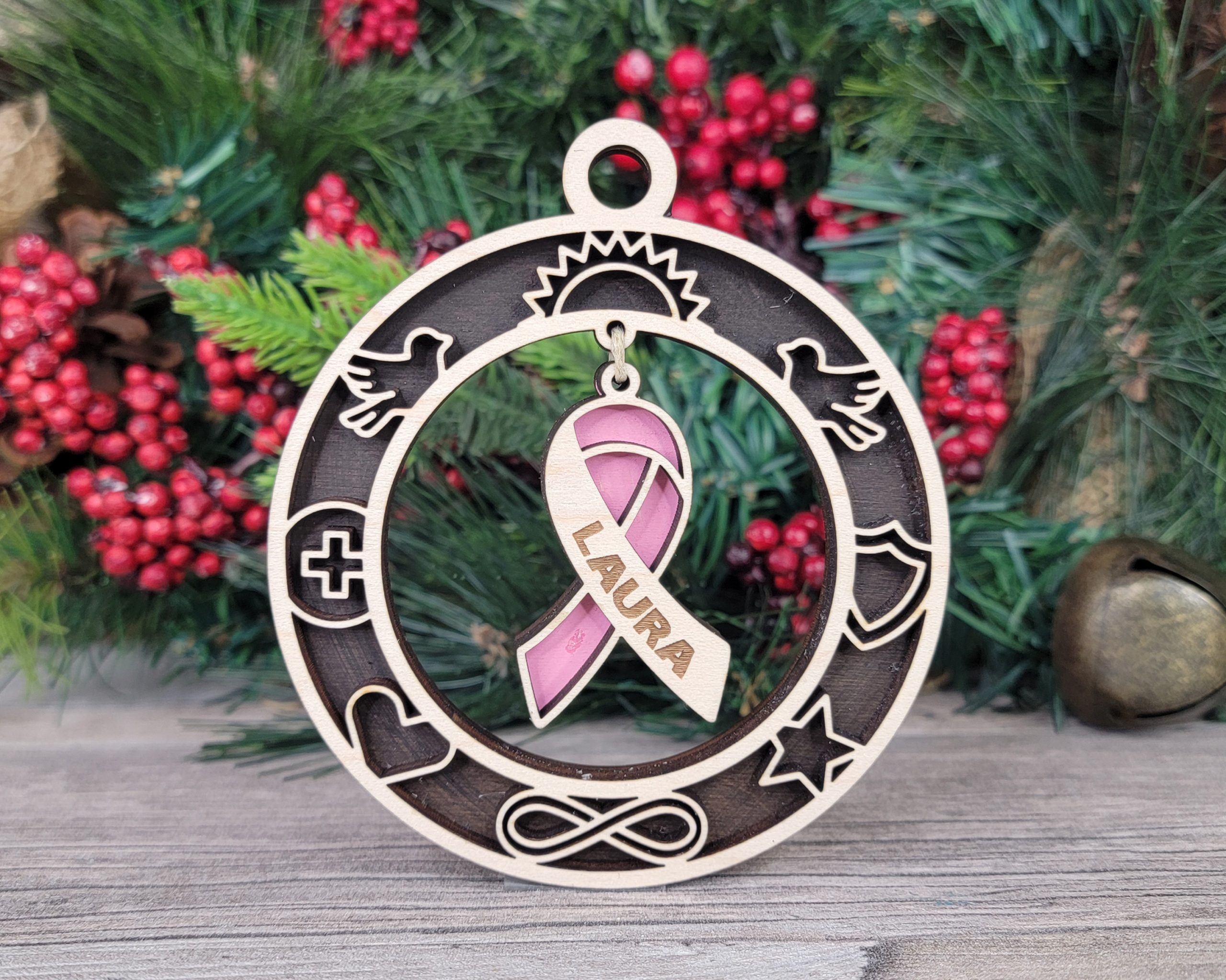 Personalized Breast Cancer Awareness Ornament, Custom Name, Pink Ribbon Hope, Engraved Wood Ornament, Holiday Decor, Gift Idea