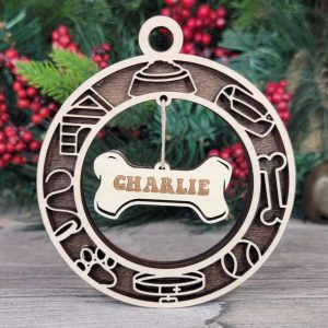Personalized Dog Wood Ornament, Custom Pet Name Bone, Dog Lover Gift, Holiday Decor, Unique Dog Memorial, Christmas Ornament, Pet Ornament