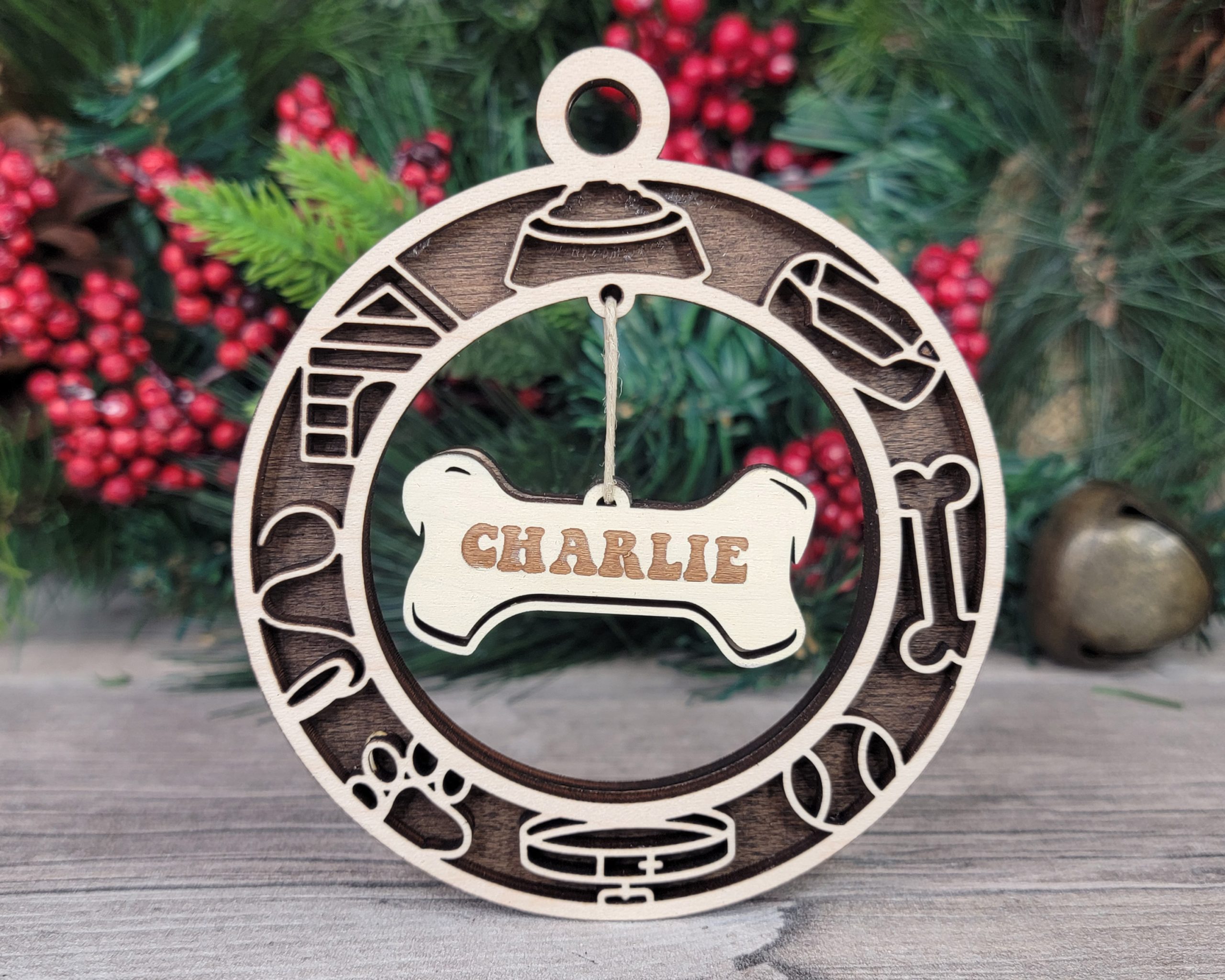 Personalized Dog Wood Ornament, Custom Pet Name Bone, Dog Lover Gift, Holiday Decor, Unique Dog Memorial, Christmas Ornament, Pet Ornament